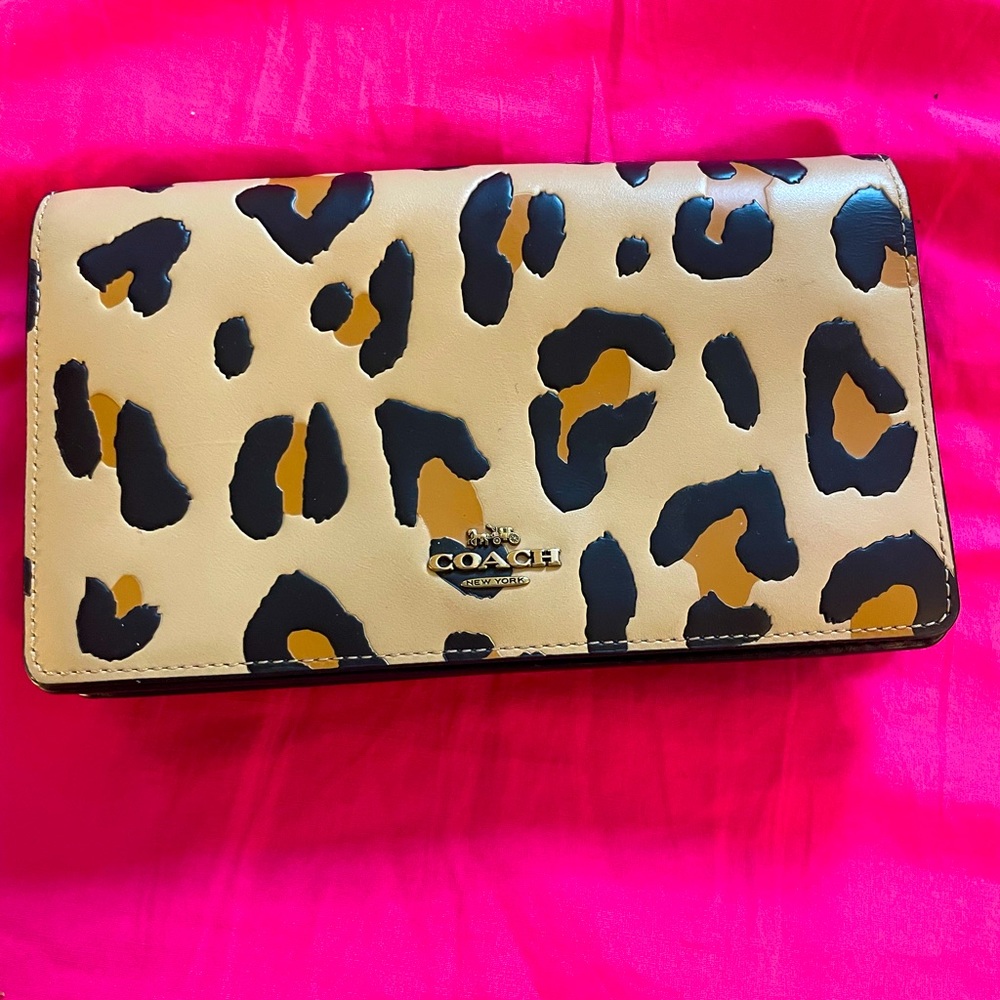 Coach leopard print crossbody with gold chain